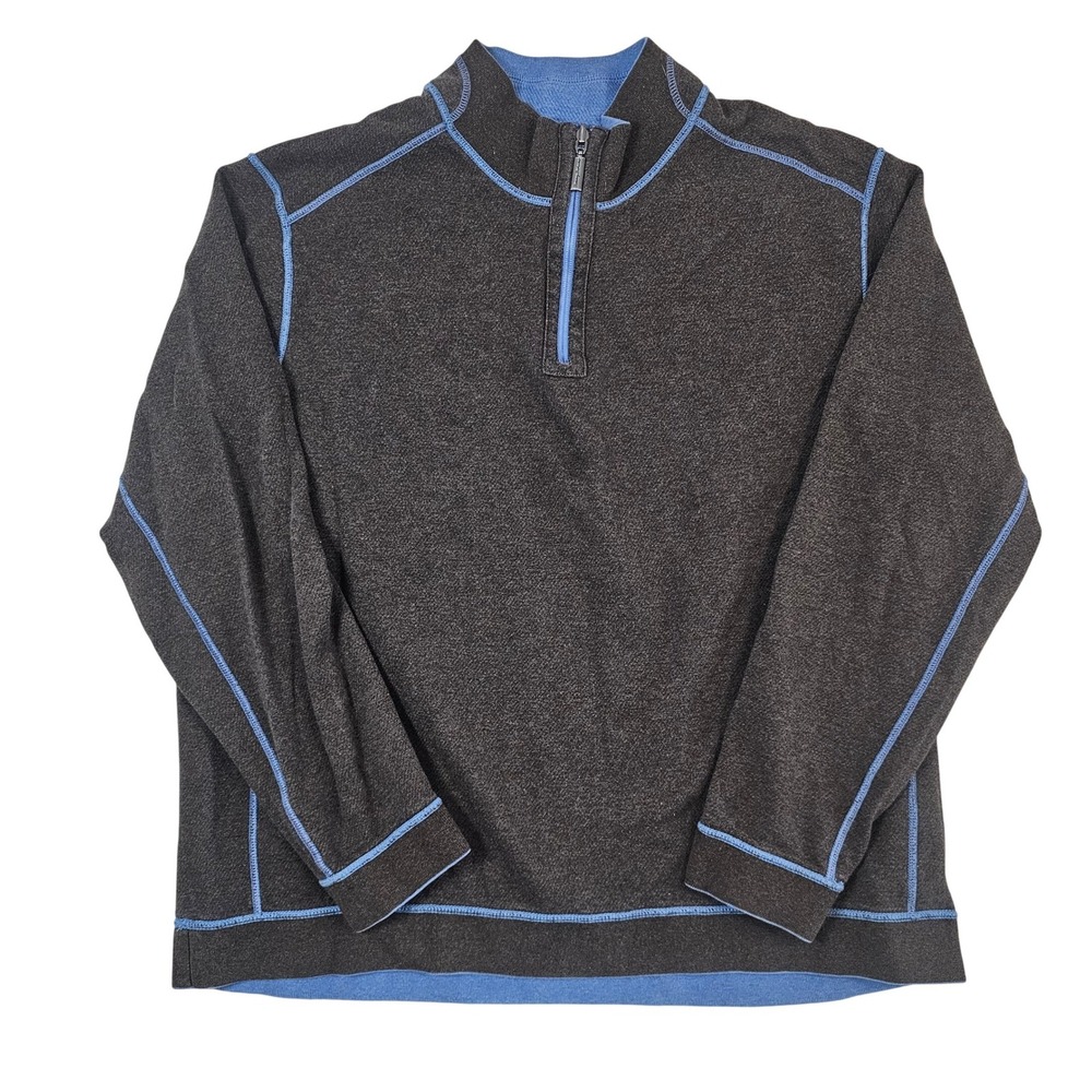 Tommy Bahama Mens Quarter Zip Pullover Sweater‎ Gray Blue Contrast Stitching L